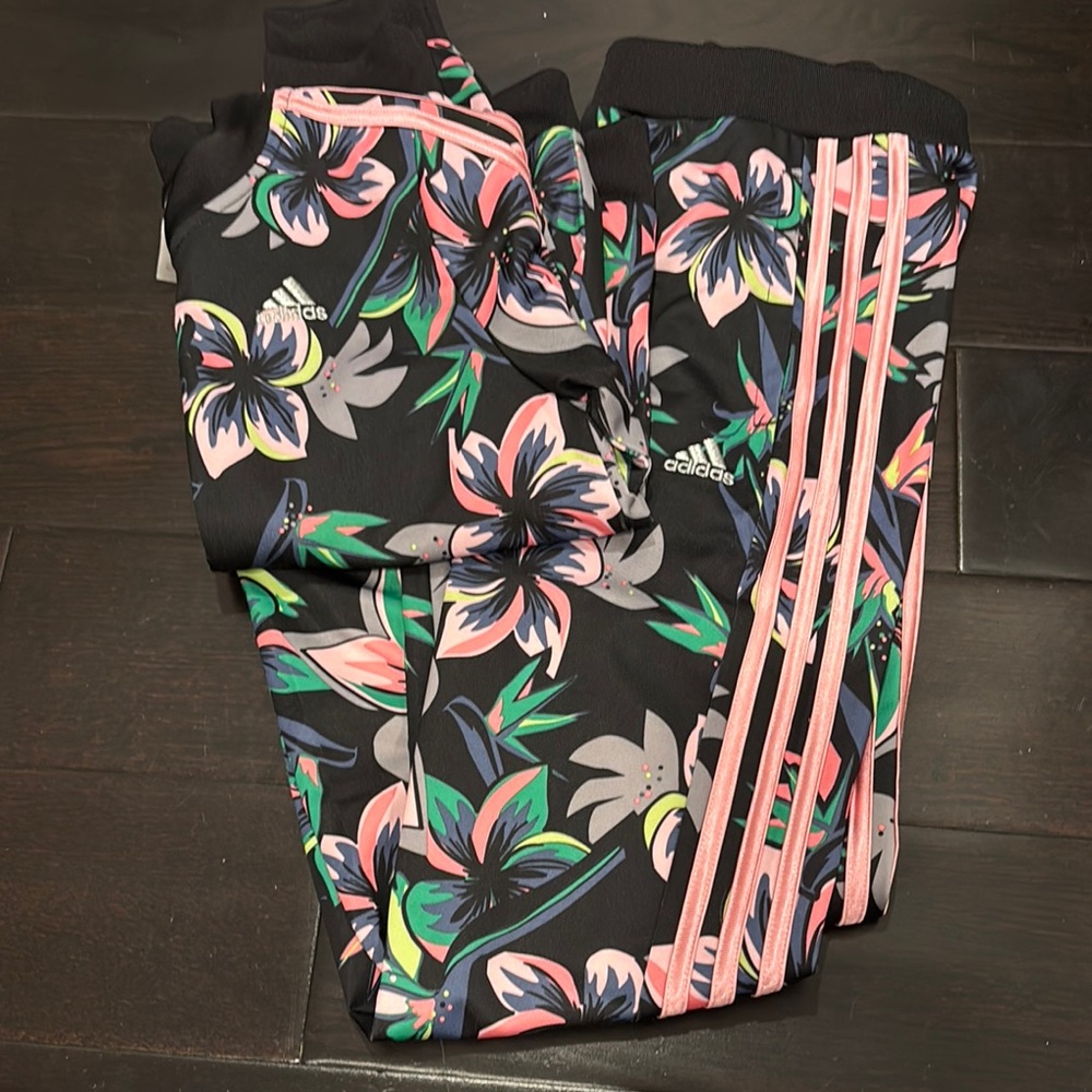 Adidas Kids Floral Track Pants and Matching Zip Sweatshirt - Black and Neon Pink